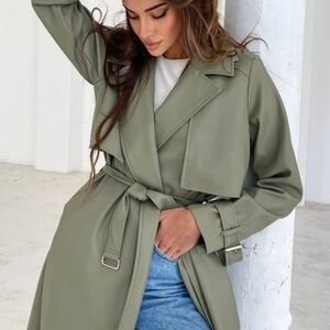 Oversized Green Trench Coat with Belted Waist